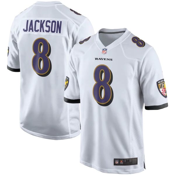 Baltimore Ravens #8 Lamar Jackson White Game Replica Stitched American Football Player Jerseys