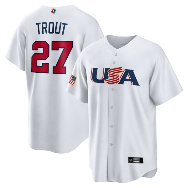 Los Angeles Angels #27 Mike Trout World Baseball Classic USA White Replica Baseball Jerseys