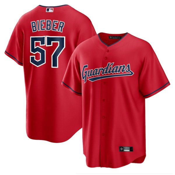 #57 Shane Bieber Cleveland Guardians Red Alternate Replica Baseball Jerseys