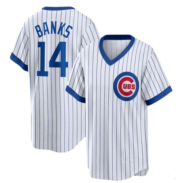 Chicago Cubs #14 Ernie Banks White Home Cooperstown Collection Replica Player Baseball Jerseys