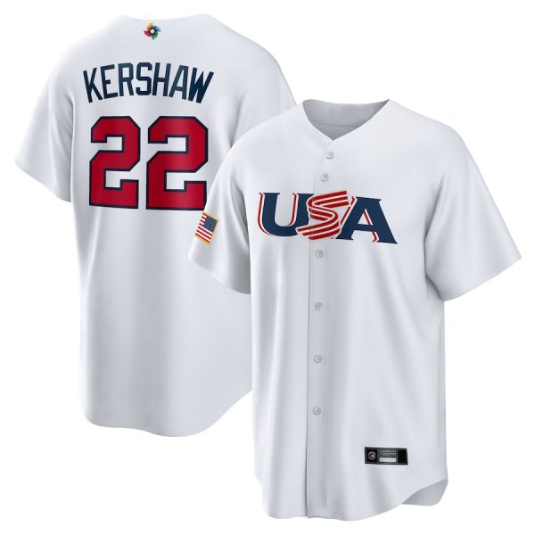 Los Angeles Dodgers #22 Clayton Kershaw World Baseball Classic USA White Replica Baseball Jerseys