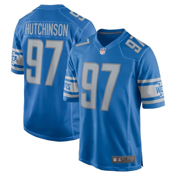 Detroit Lions #97 Aidan Hutchinson Blue Game Replica Stitched American Football Player Jerseys