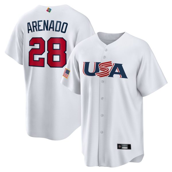 Colorado Rockies #28 Nolan Arenado World Baseball Classic USA White Replica Baseball Jerseys